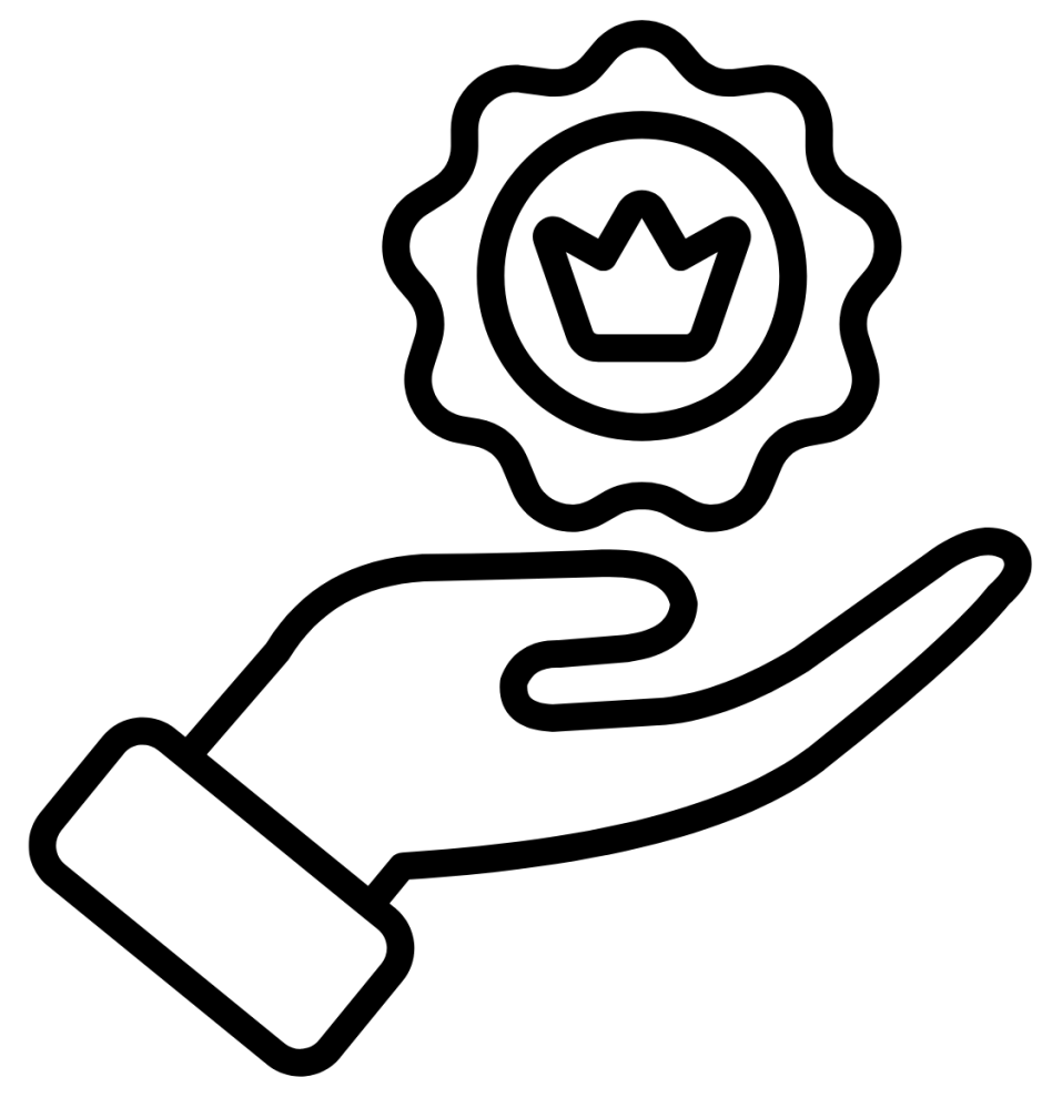 Line drawing of a hand holding a badge with a crown inside.